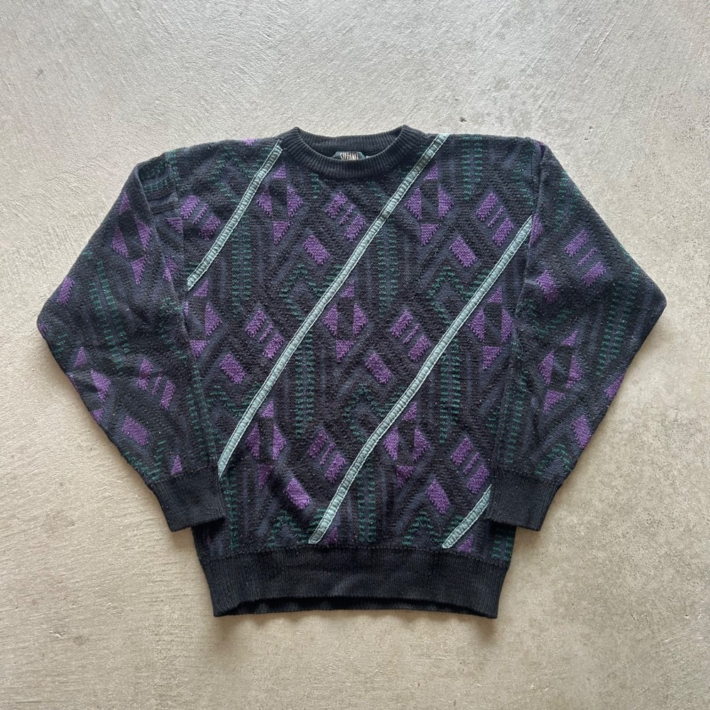 Vintage 90s Stefano Man Sweater Size XL Black Purple Geometric Knit Pullover